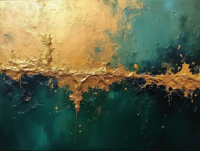Abstract Gold And Emerald Green Textured Oil Painting