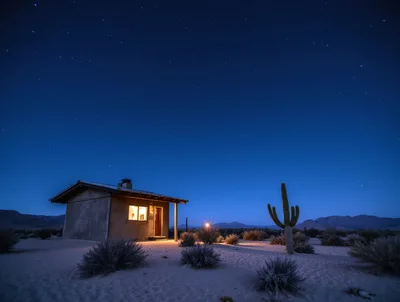 Small Desert Cabin Under A Starry Night Sky
