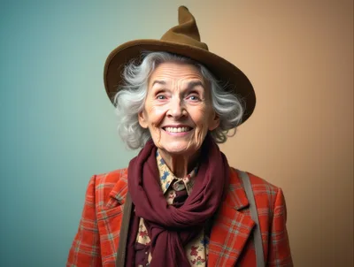Portrait Of A Smiling Elderly Woman In A Witch Hat