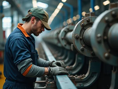 Industrial Worker Inspecting Heavy Machinery In A Factory