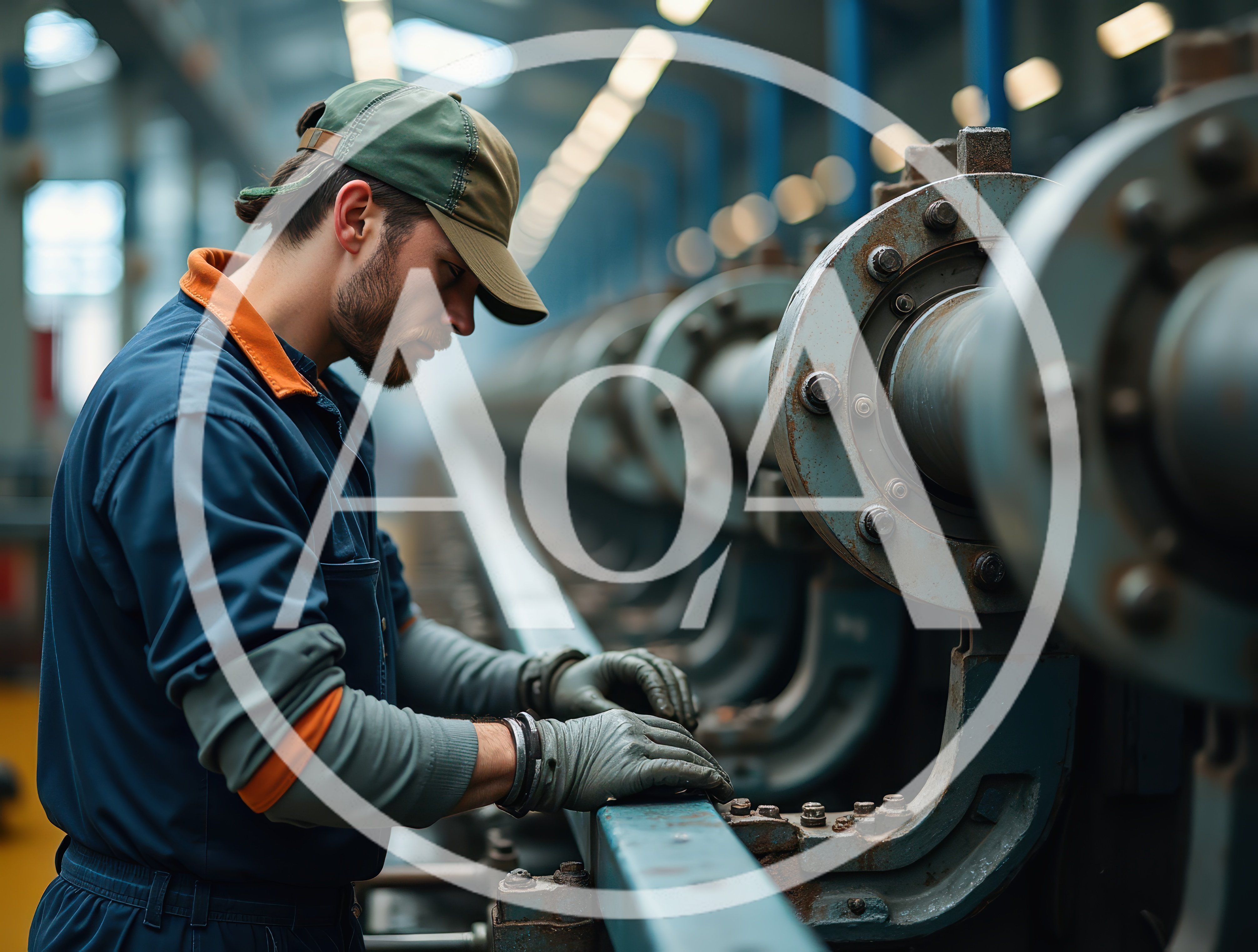 Industrial Worker Inspecting Heavy Machinery In A Factory