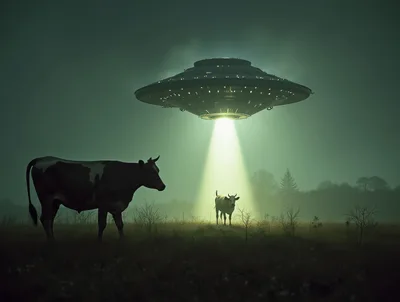 UFO Abducting A Cow In A Misty Field