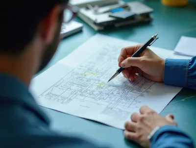 Architect Reviewing Technical Blueprints At A Desk