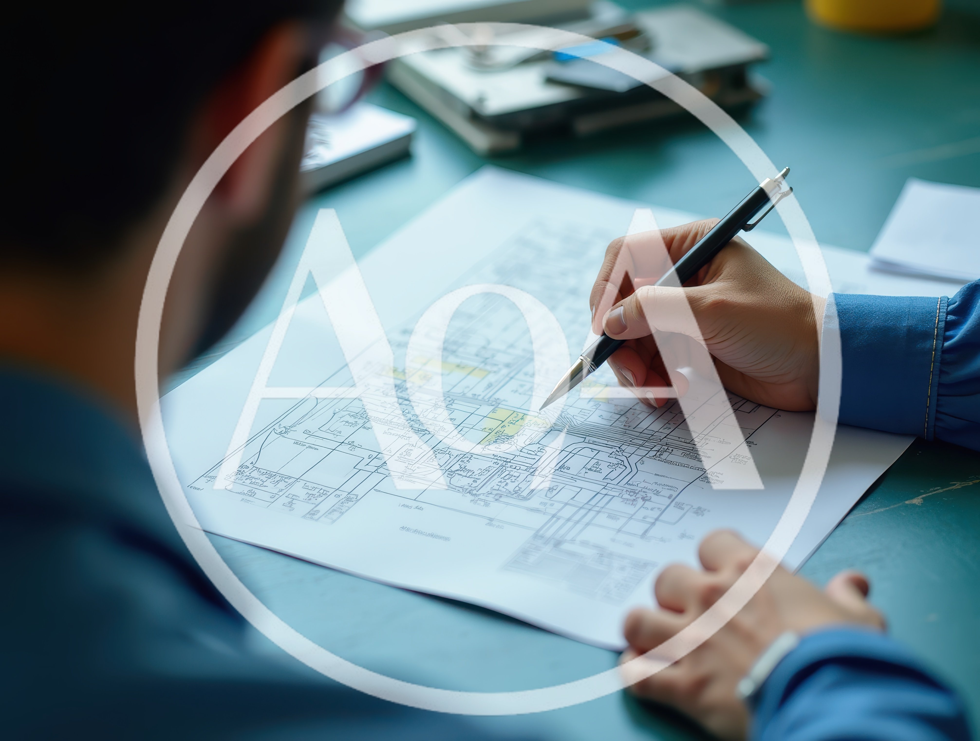 Architect Reviewing Technical Blueprints At A Desk