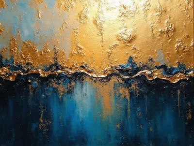 Abstract Oil Painting With Gold Leaf And Blue Tones