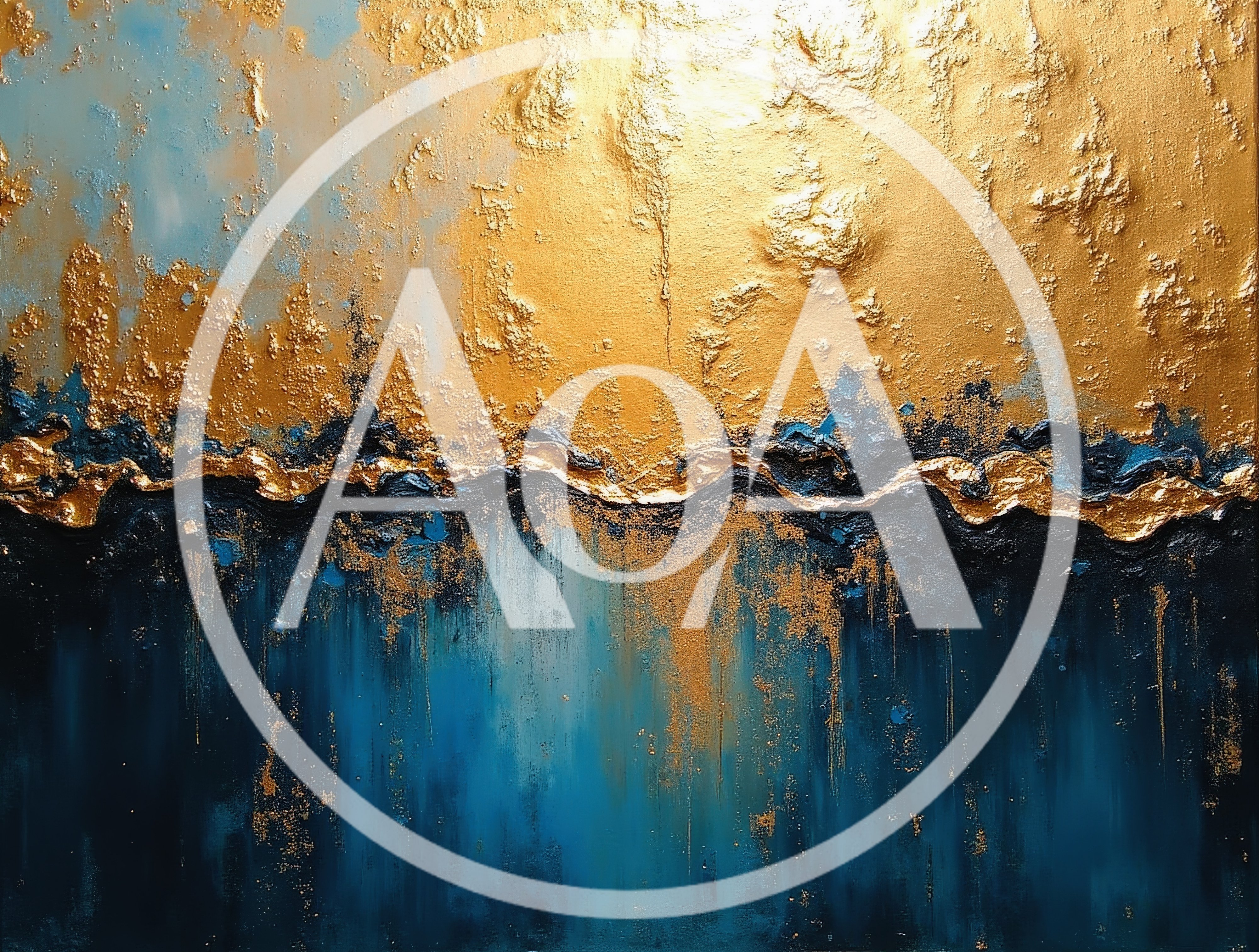 Abstract Oil Painting With Gold Leaf And Blue Tones