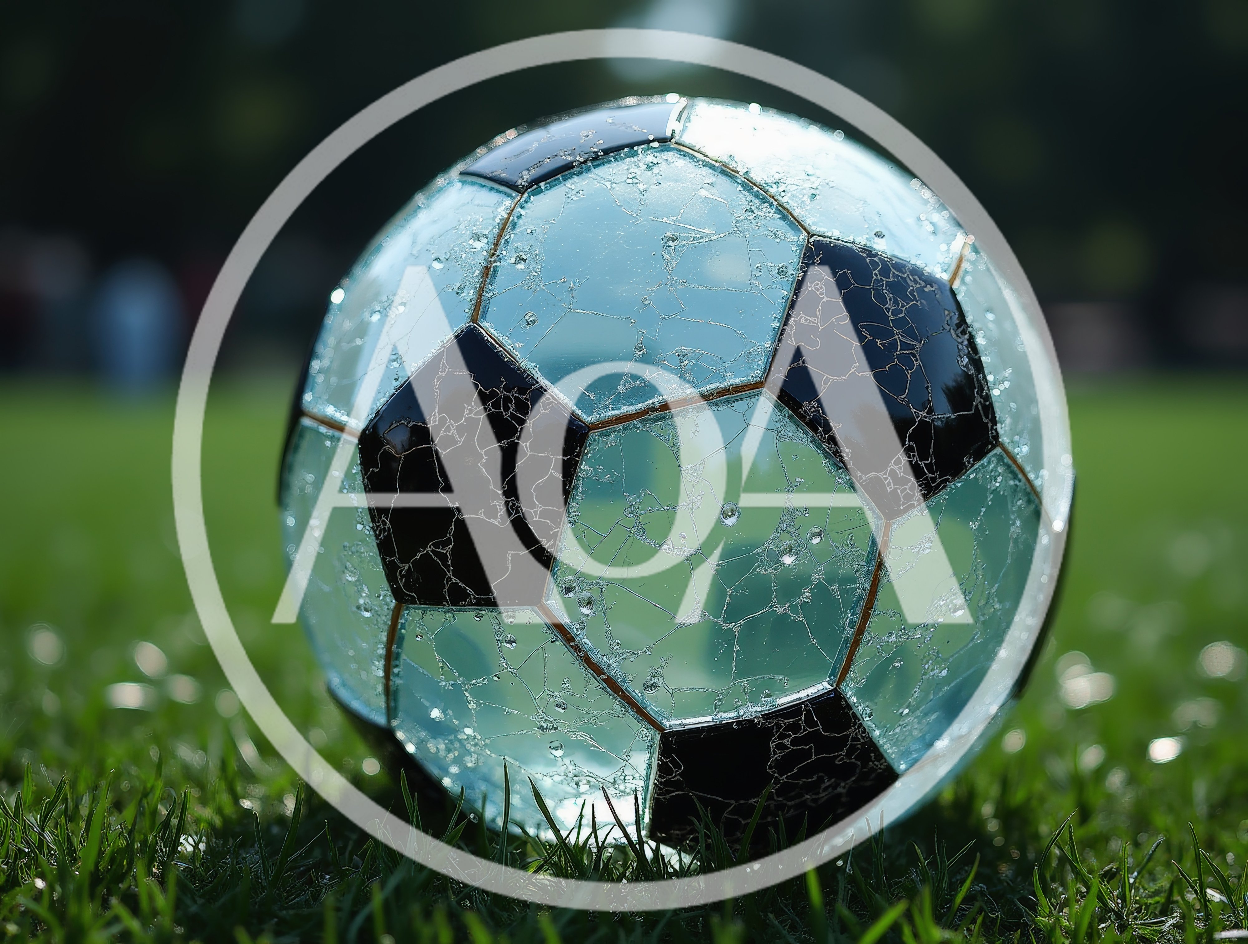 Cracked Glass Soccer Ball On Green Grass