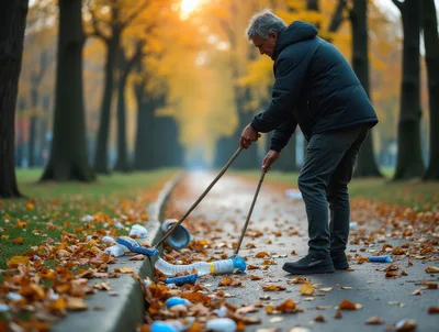 Senior Man Cleaning Litter In Autumn Park