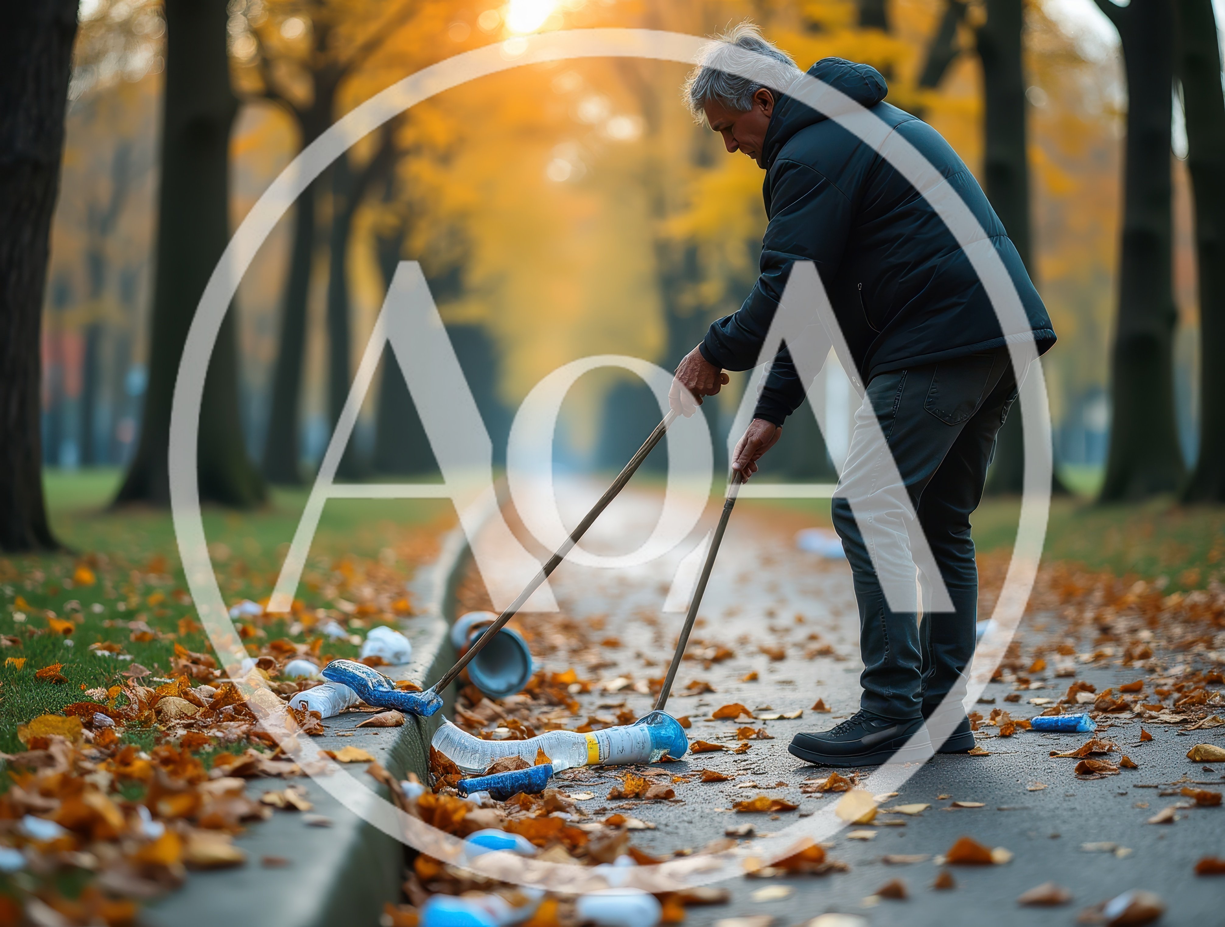 Senior Man Cleaning Litter In Autumn Park