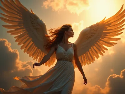 Ethereal Angel With Large Wings Standing Against Golden Sunset