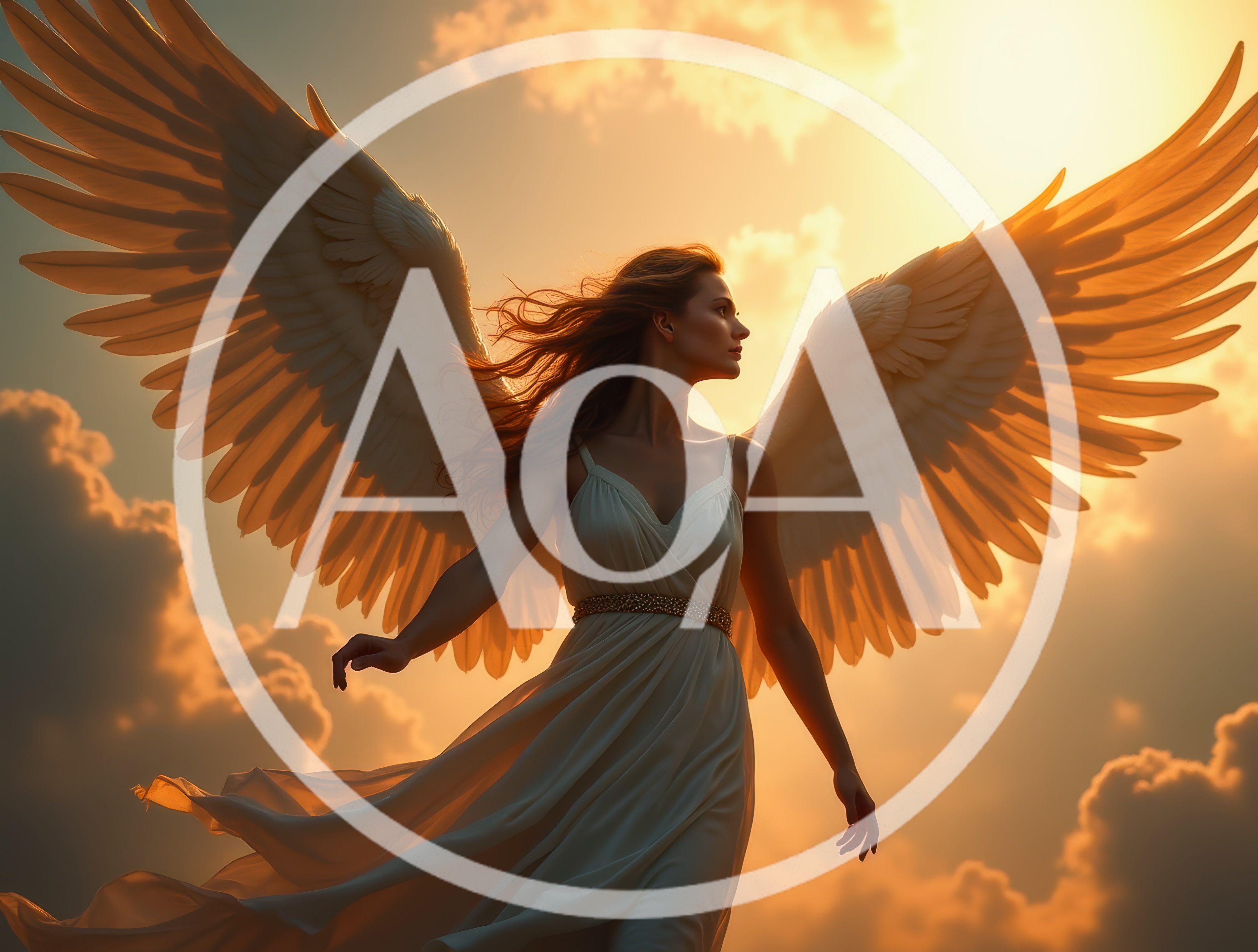 Ethereal Angel With Large Wings Standing Against Golden Sunset