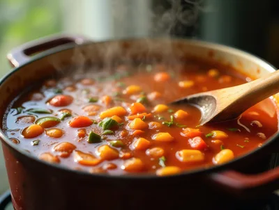 Steaming Vegetable Soup In A Red Dutch Oven