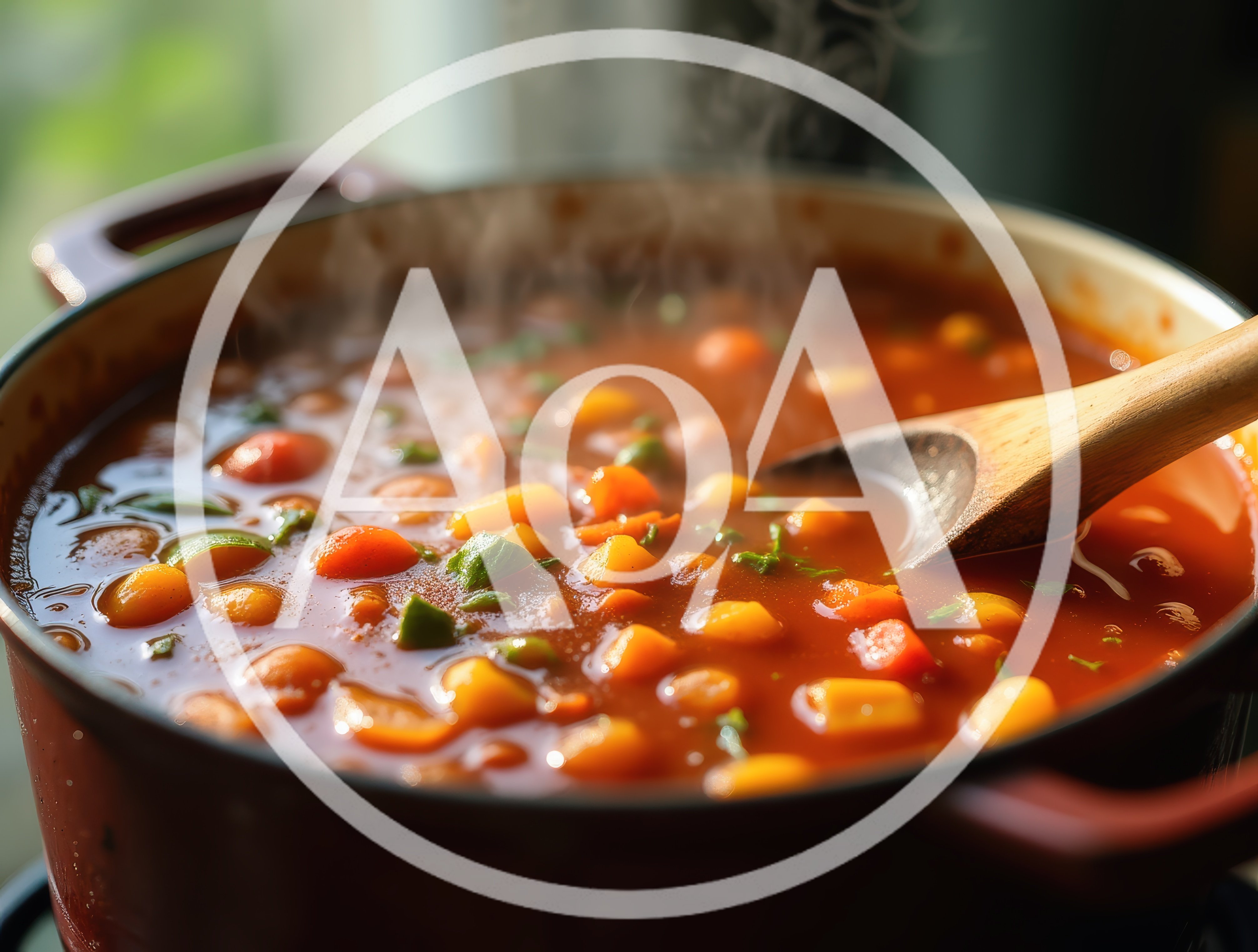 Steaming Vegetable Soup In A Red Dutch Oven