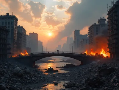 Lone Figure Standing On Bridge In Burning Ruined City