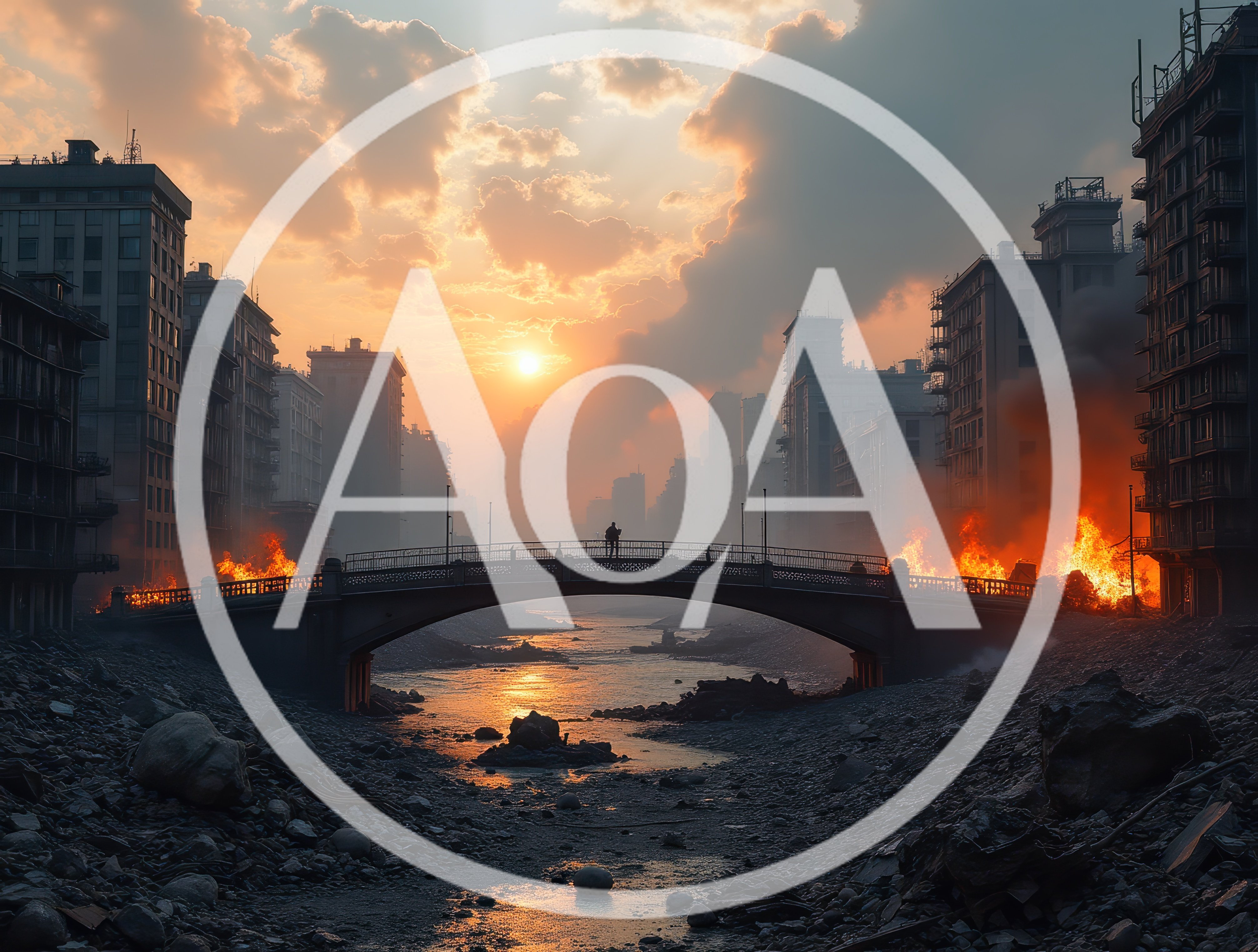 Lone Figure Standing On Bridge In Burning Ruined City