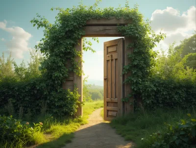 Open Wooden Doorway Surrounded By Lush Greenery