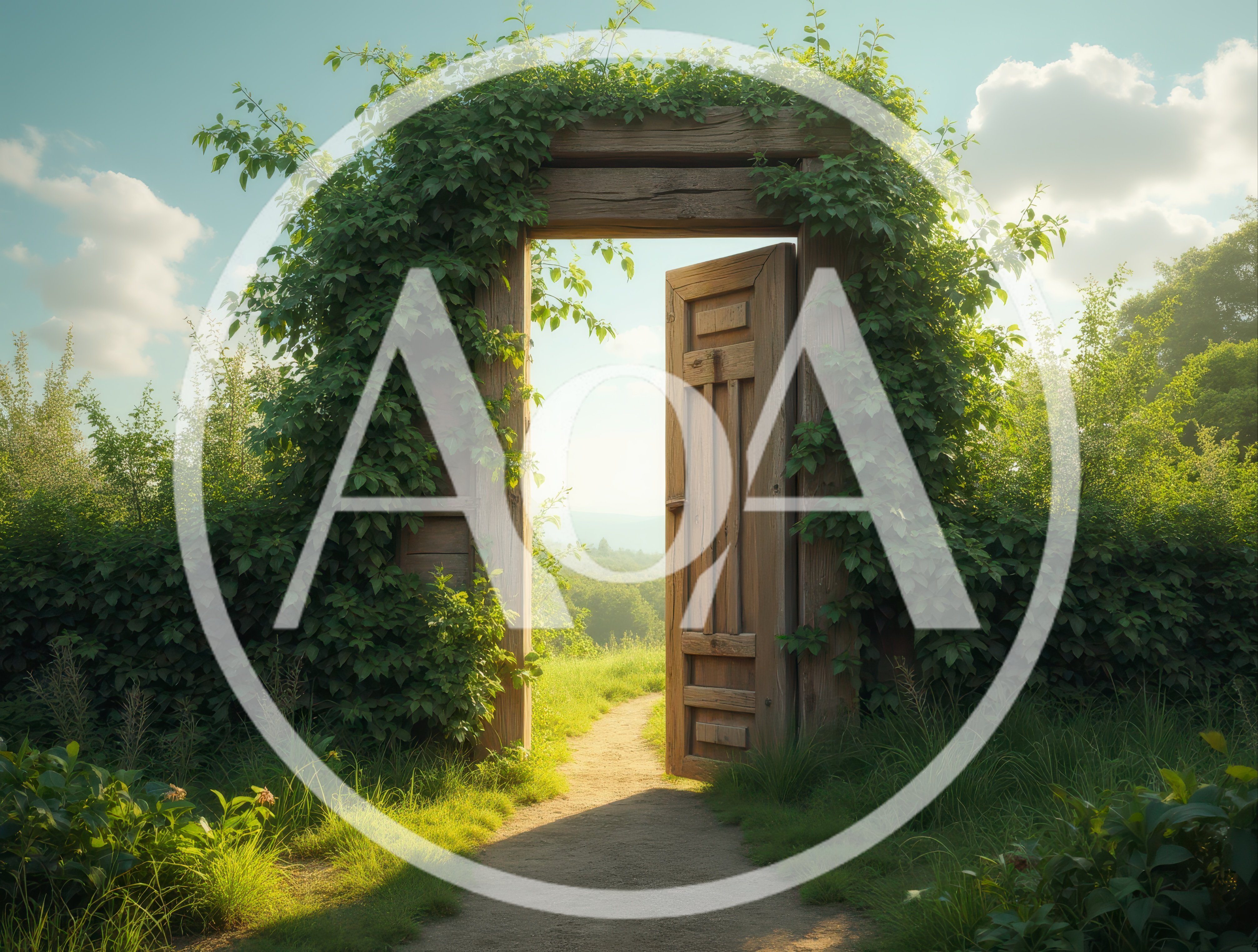 Open Wooden Doorway Surrounded By Lush Greenery