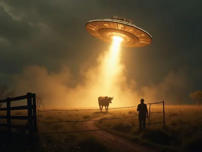 UFO Abducting A Cow In A Rural Field