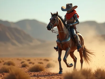 Cyborg Cowboy Riding Horse Through Desert Landscape