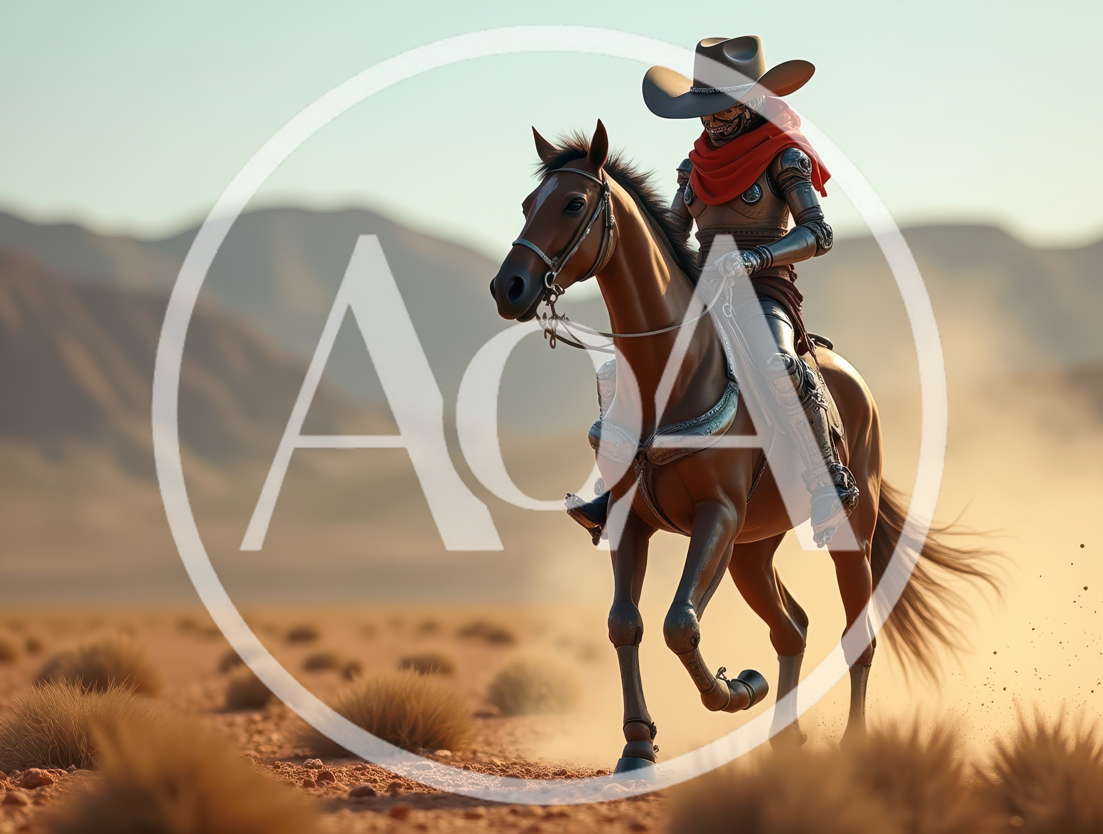 Cyborg Cowboy Riding Horse Through Desert Landscape
