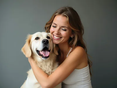 Young Woman Hugging Her Golden Retriever Dog