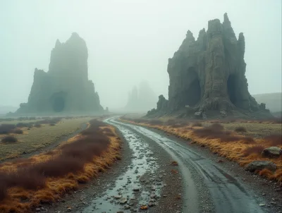Foggy Landscape With Ancient Rock Formations And Dirt Road
