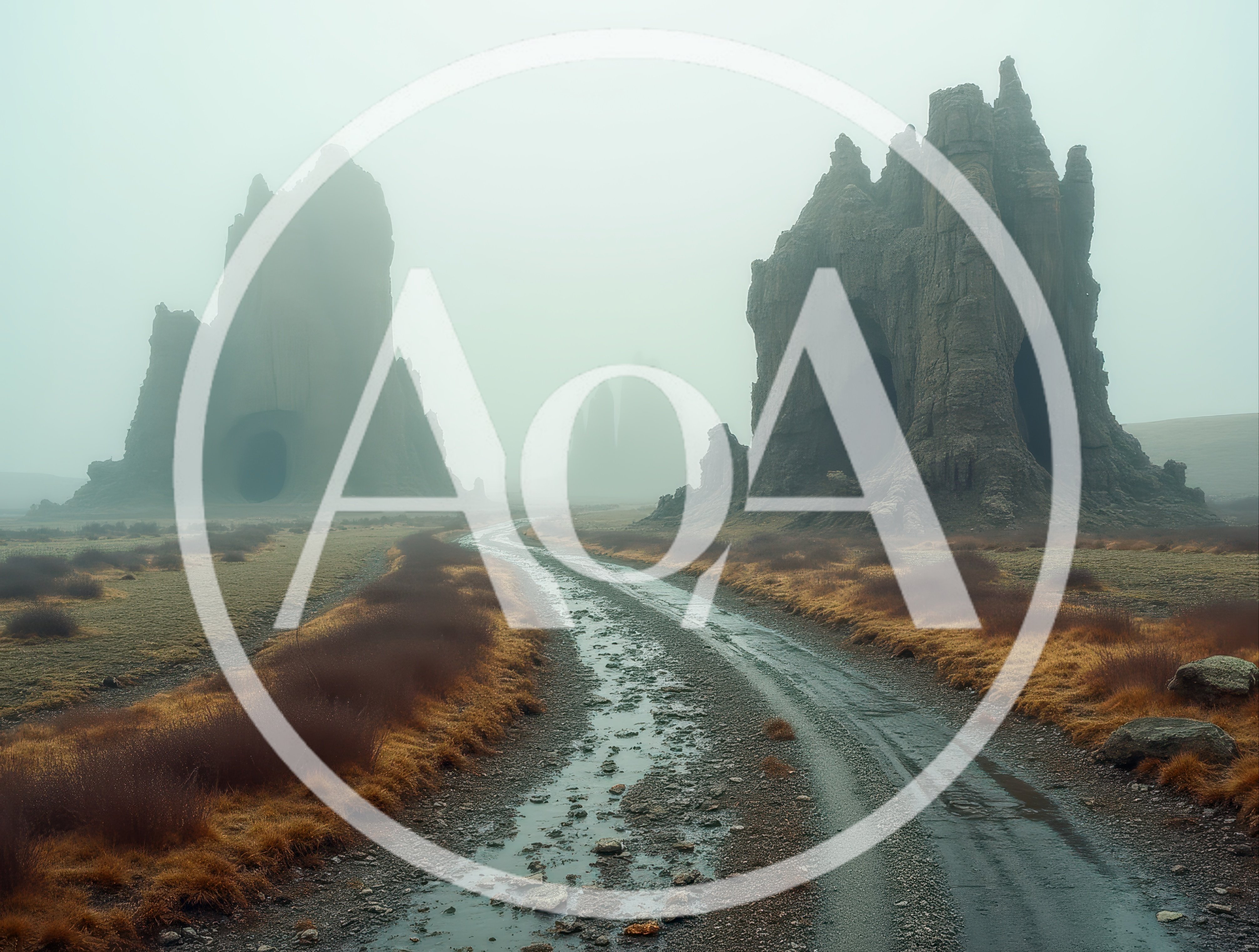 Foggy Landscape With Ancient Rock Formations And Dirt Road