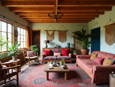 Bohemian Living Room With Red Patterned Furniture