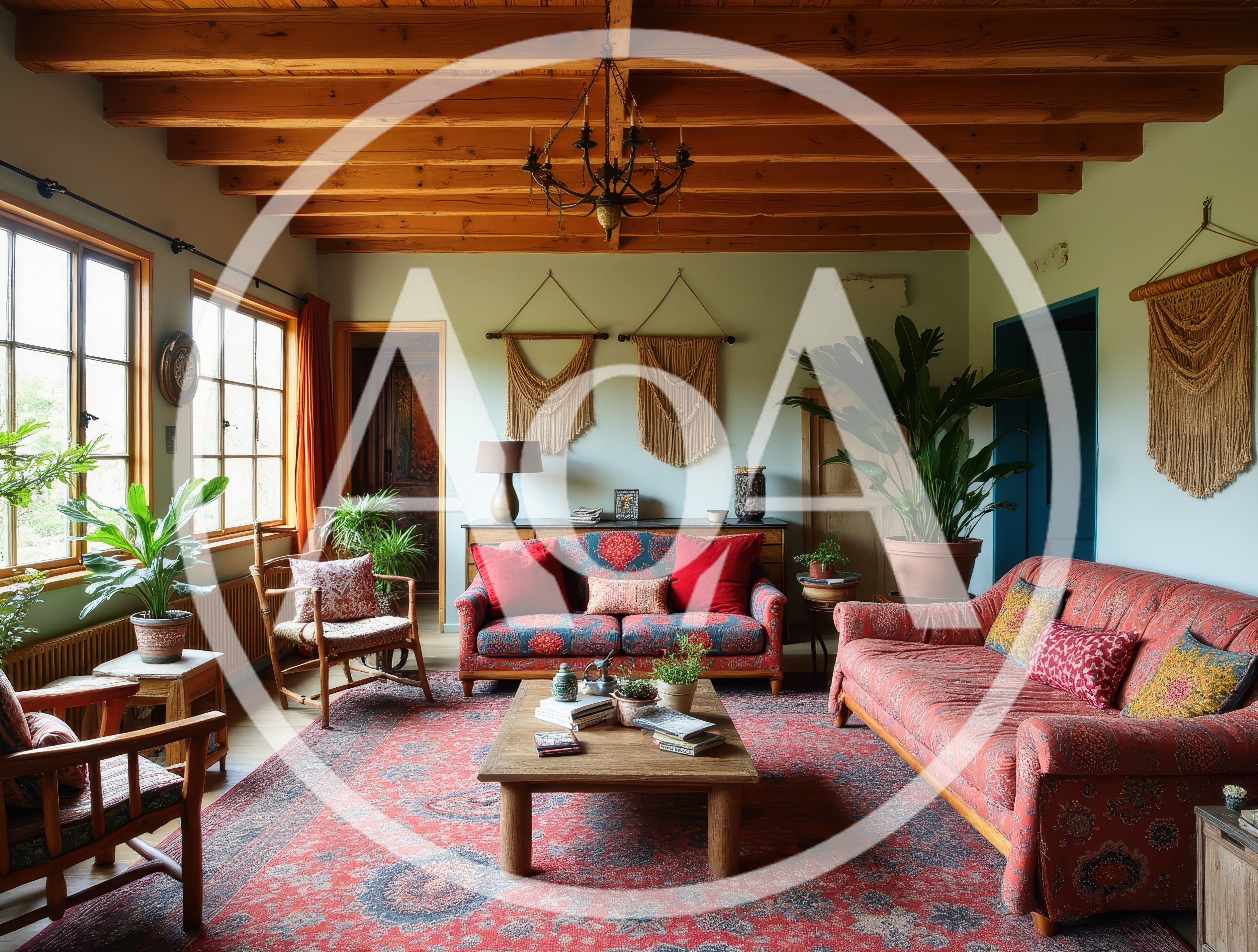 Bohemian Living Room With Red Patterned Furniture