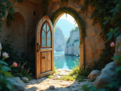 Open Wooden Door Leading To A Coastal Landscape