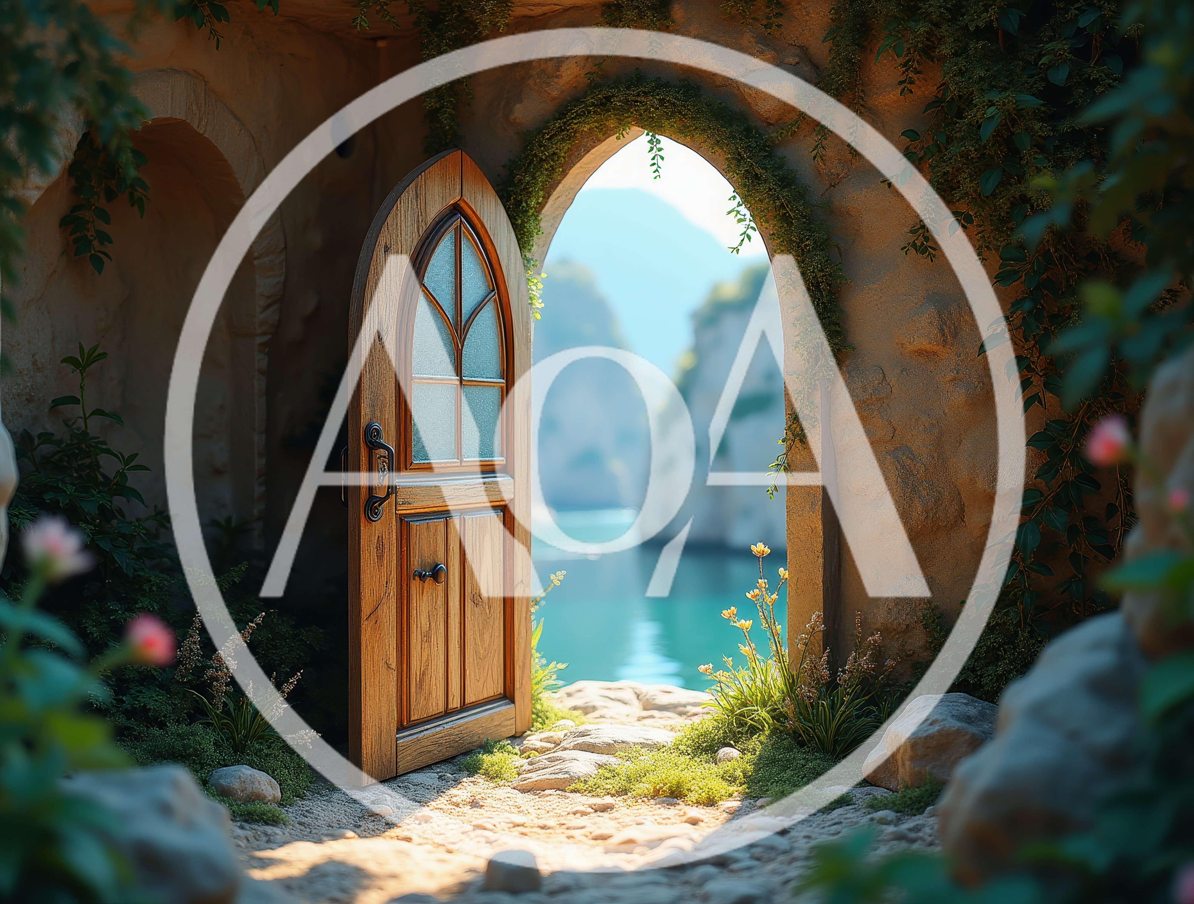 Open Wooden Door Leading To A Coastal Landscape