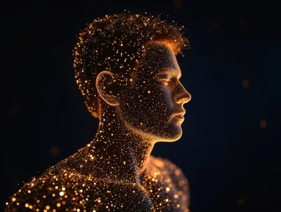 Digital Human Silhouette Formed By Glowing Golden Particles