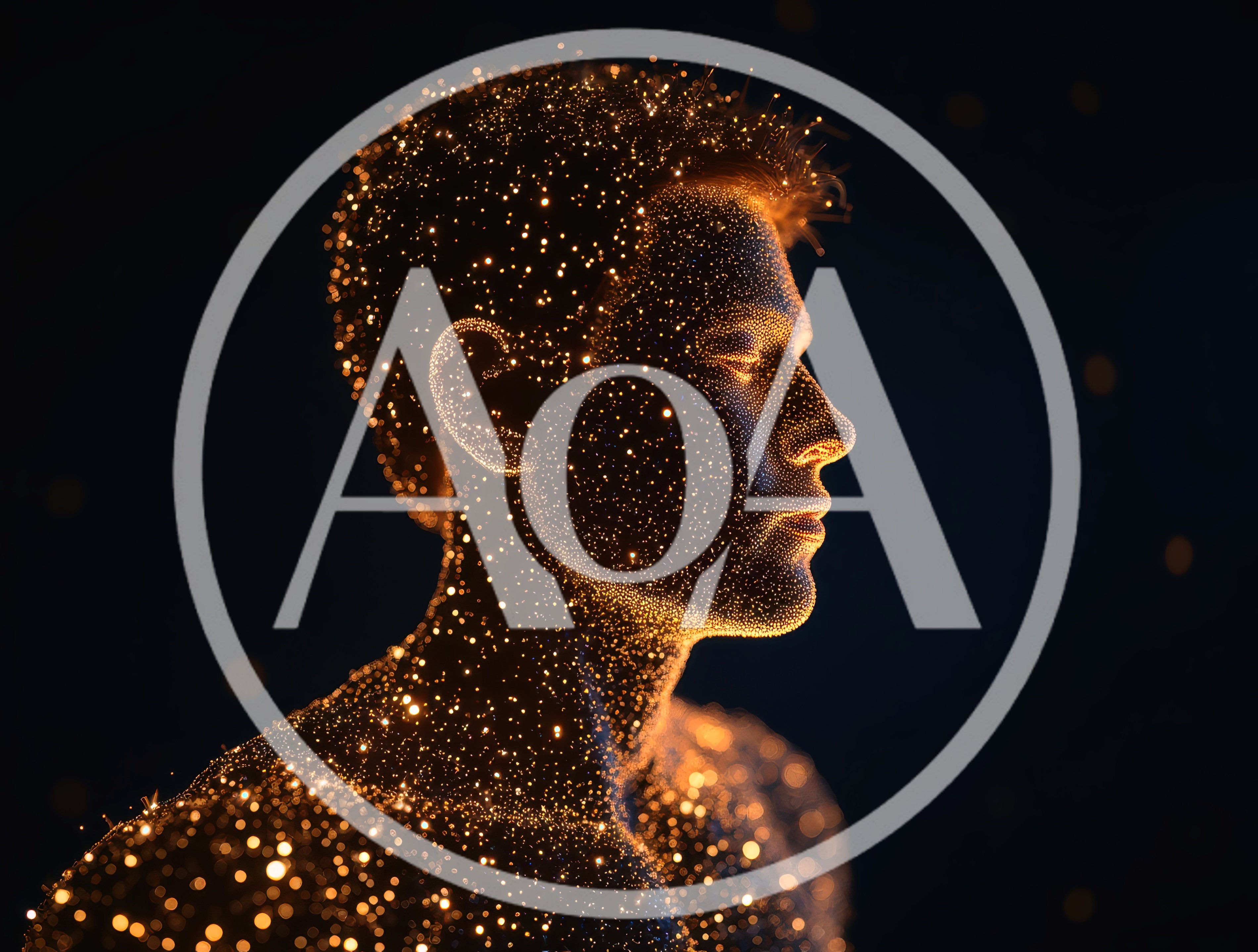 Digital Human Silhouette Formed By Glowing Golden Particles