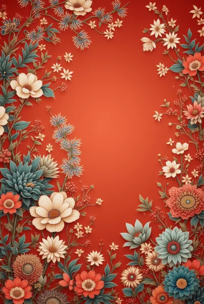 Floral Frame Border With Vibrant Flowers On Red Background