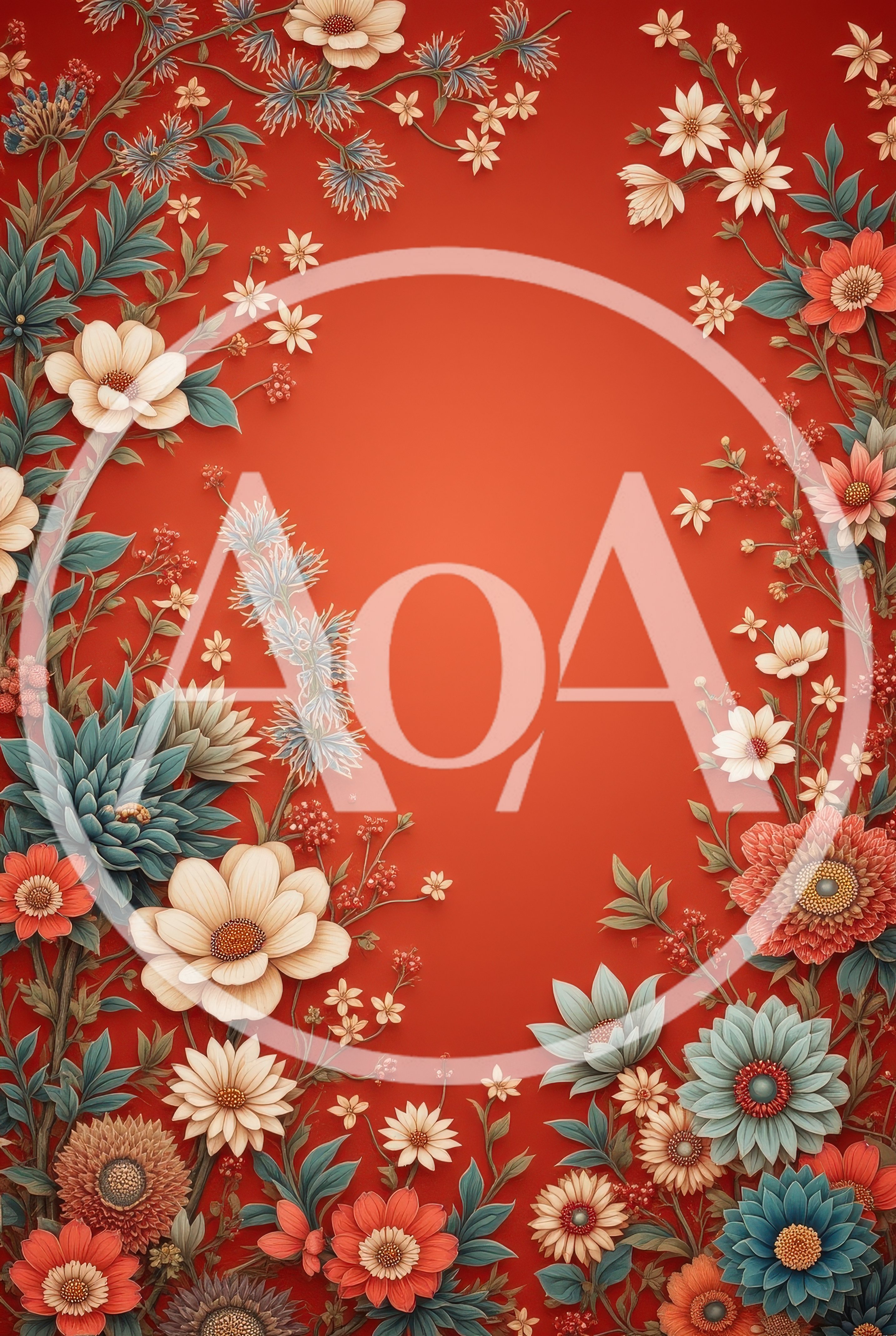Floral Frame Border With Vibrant Flowers On Red Background