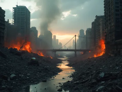 Post Apocalyptic Cityscape With Burning Ruins And River