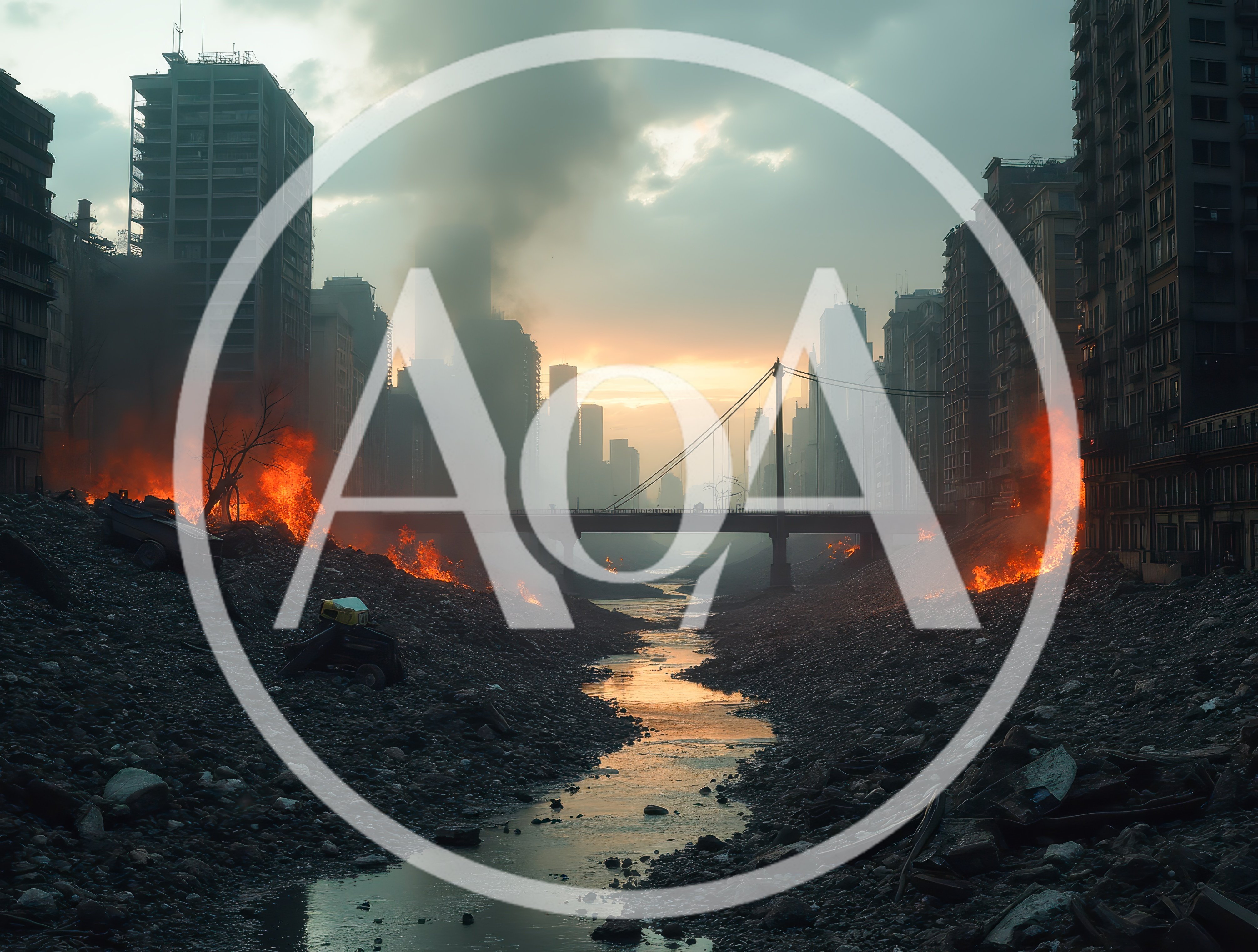 Post Apocalyptic Cityscape With Burning Ruins And River