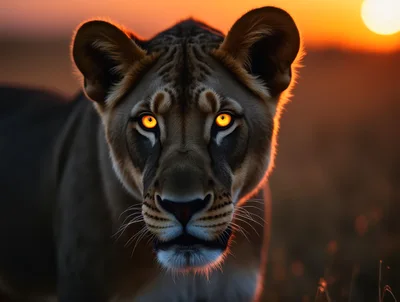 Close Up Portrait Of A Lioness At Sunset
