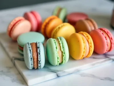 Assorted Colorful French Macarons on Marble Surface