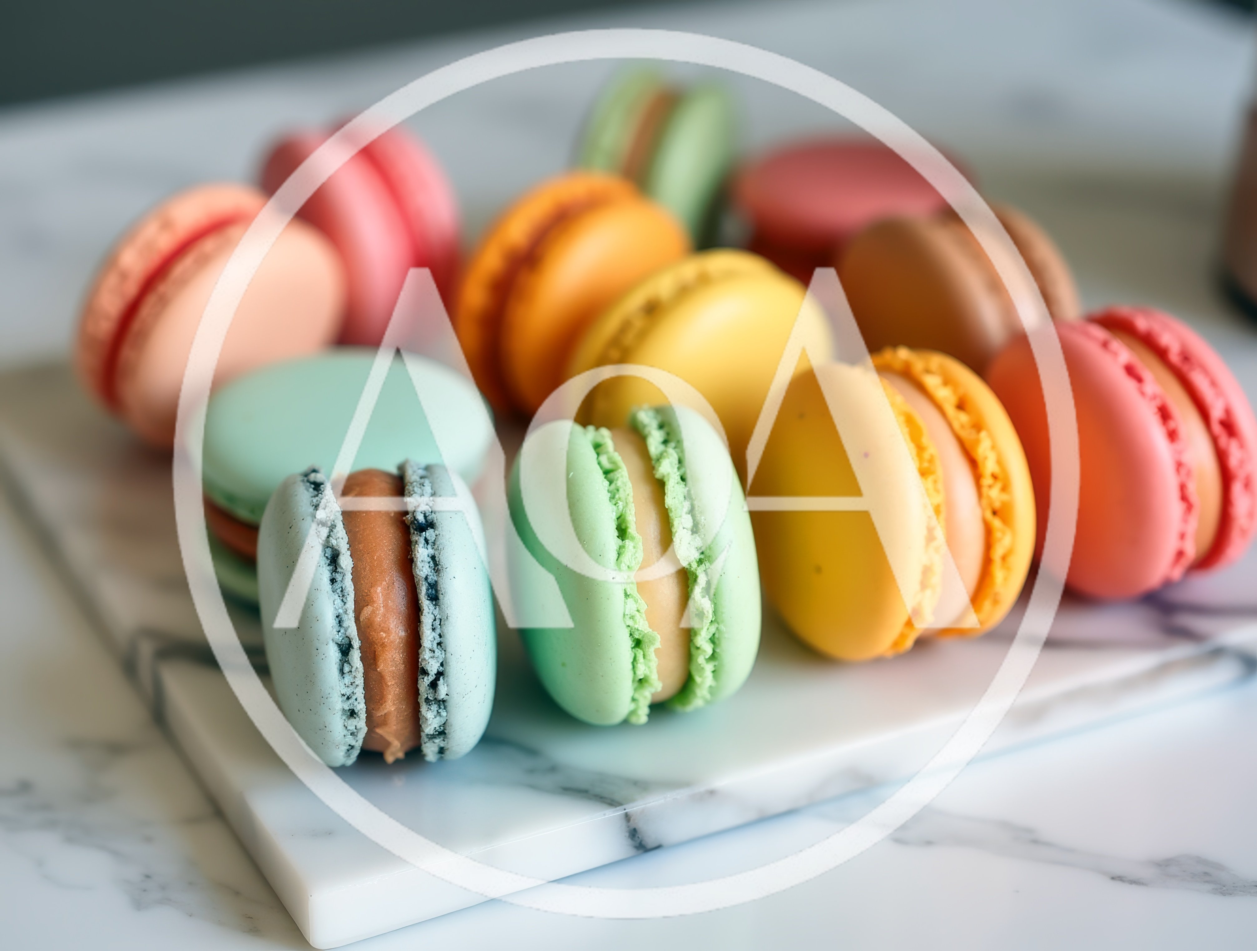 Assorted Colorful French Macarons on Marble Surface