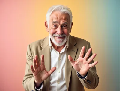 Smiling Senior Man Gesturing With Open Hands