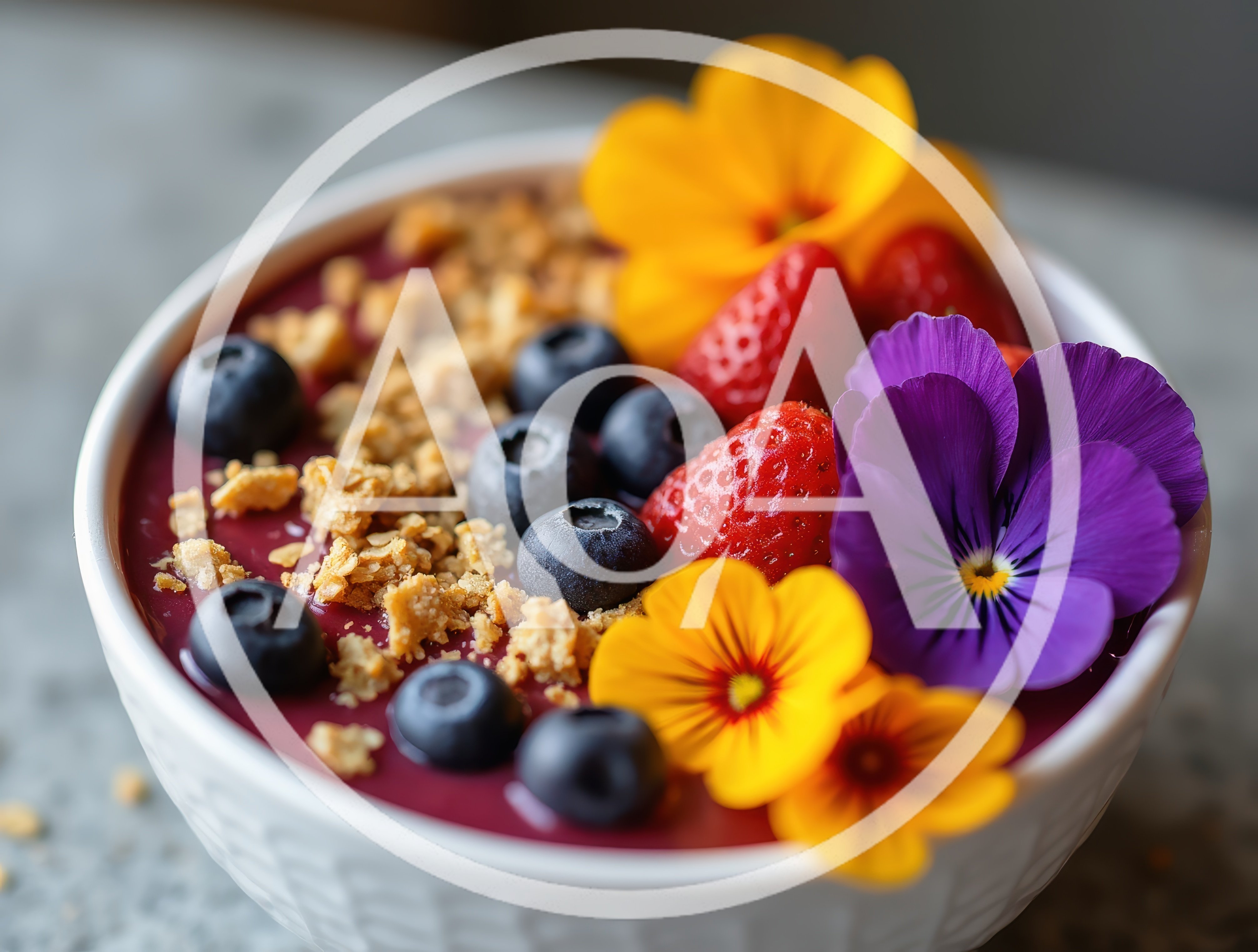 Acai Smoothie Bowl Topped With Fresh Berries And Flowers