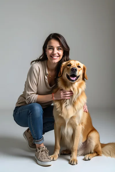 Smiling Woman Posing With Her Golden Retriever Dog