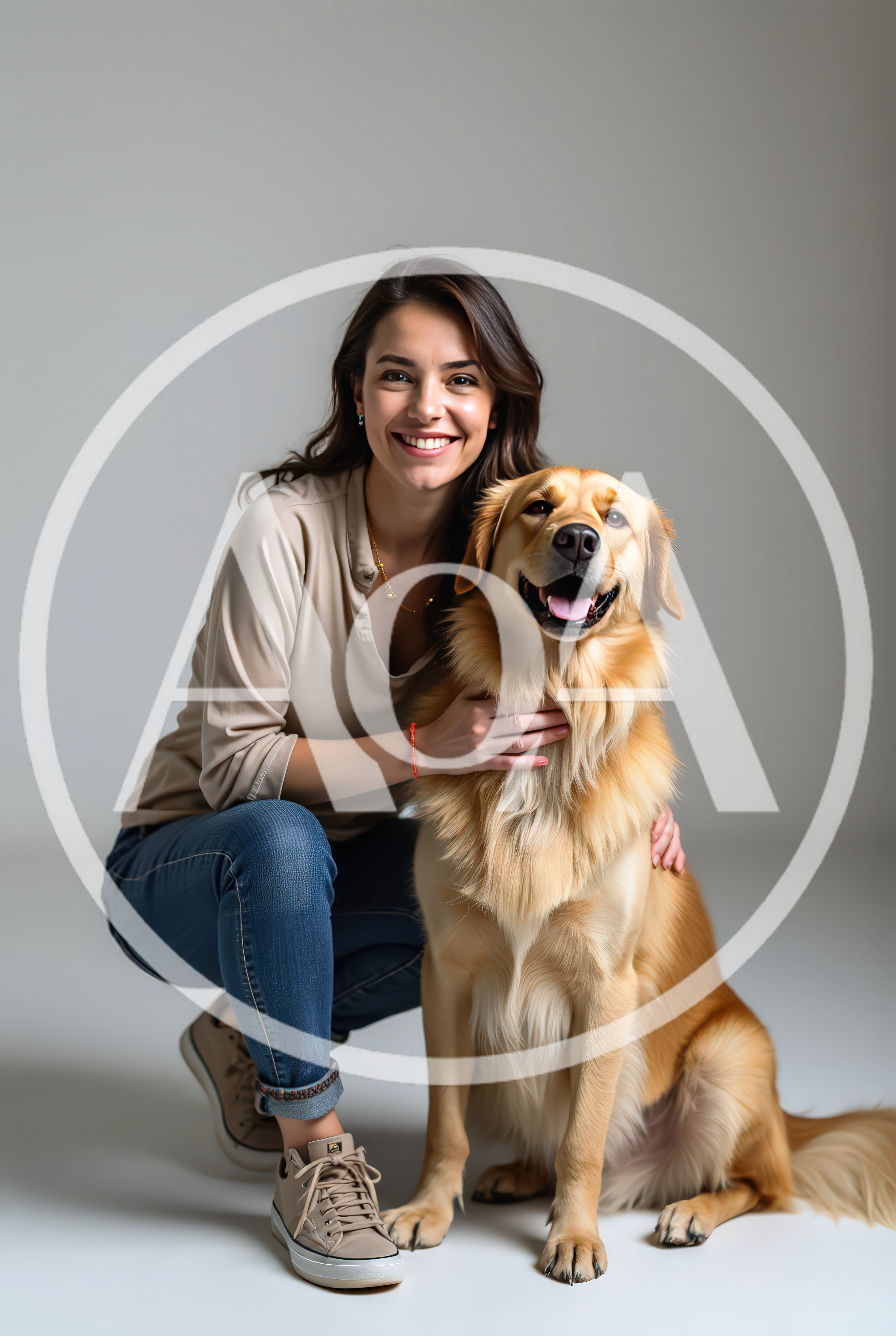 Smiling Woman Posing With Her Golden Retriever Dog