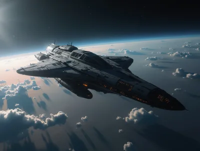 Futuristic Spaceship Flying Above Earth Clouds