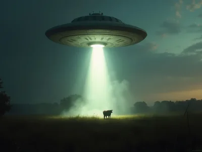 UFO Abducting A Cow In A Misty Field