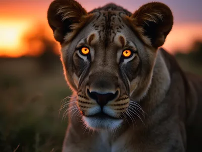 Close Up Portrait Of A Lioness At Sunset