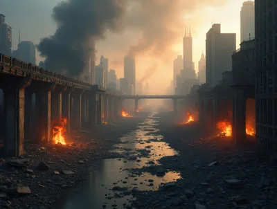 Post-Apocalyptic Cityscape With Burning Ruins And Smoke