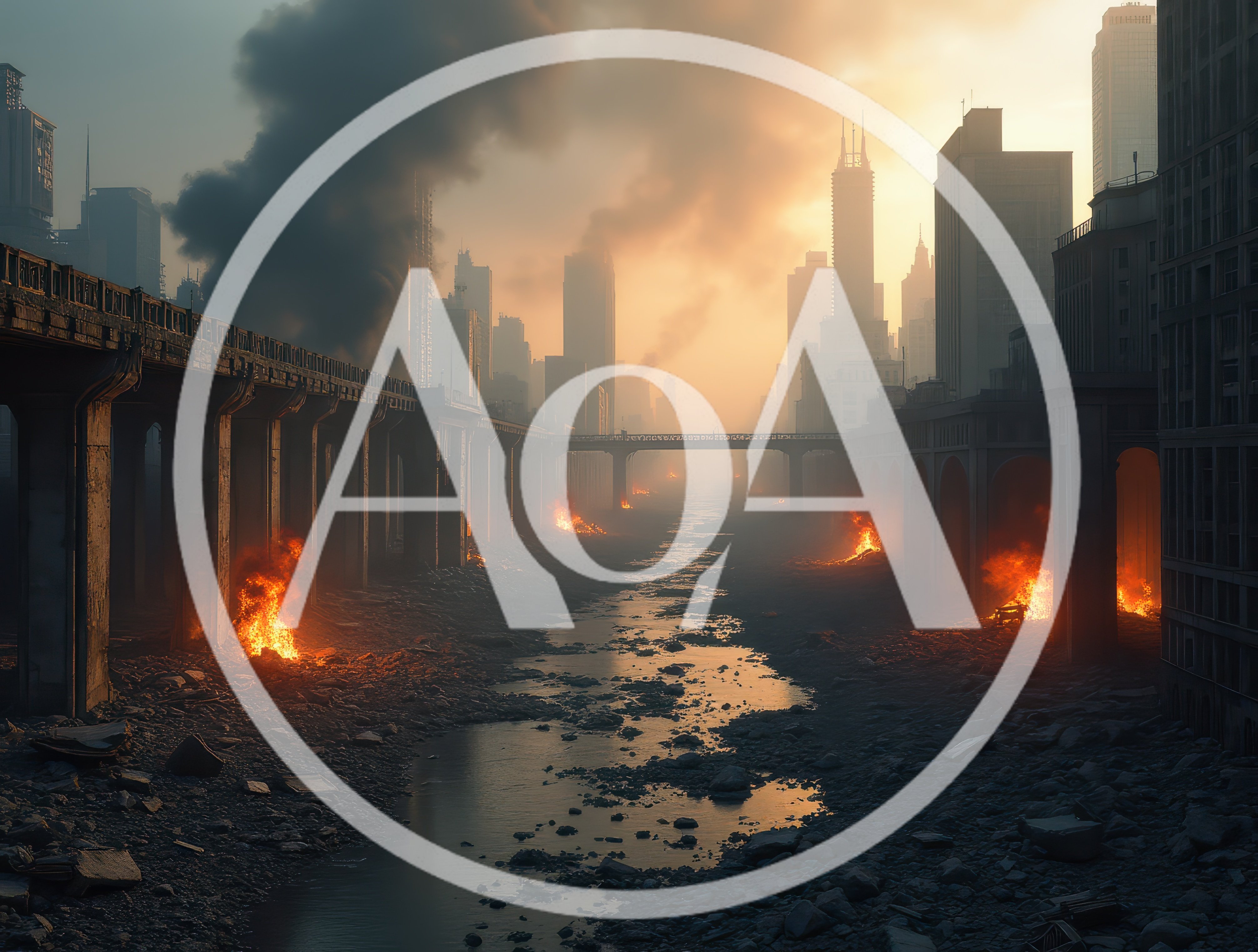 Post-Apocalyptic Cityscape With Burning Ruins And Smoke