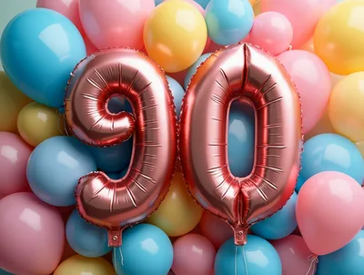 Rose Gold Number 90 Balloons Against Colorful Background